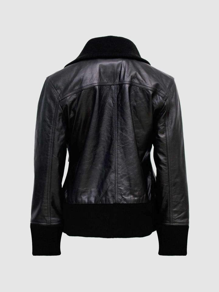 Blouson aviateur en cuir noir à quatre poches pour femme