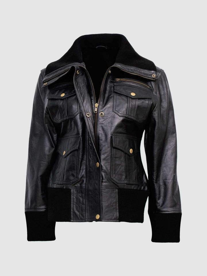 Blouson aviateur en cuir noir à quatre poches pour femme