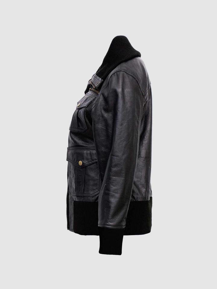 Blouson aviateur en cuir noir à quatre poches pour femme