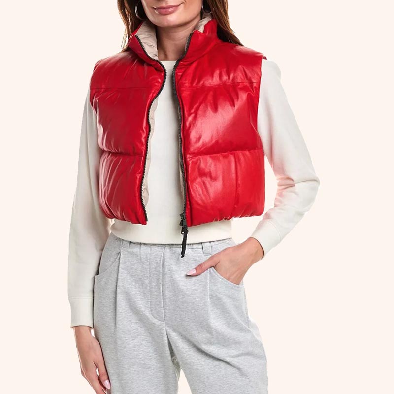 Gilet court en cuir d'agneau rouge pour femme