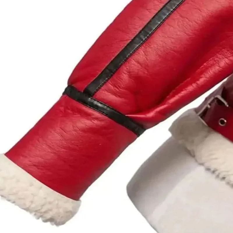 Veste en cuir de mouton retourné rouge pour femme - Style festif de Noël