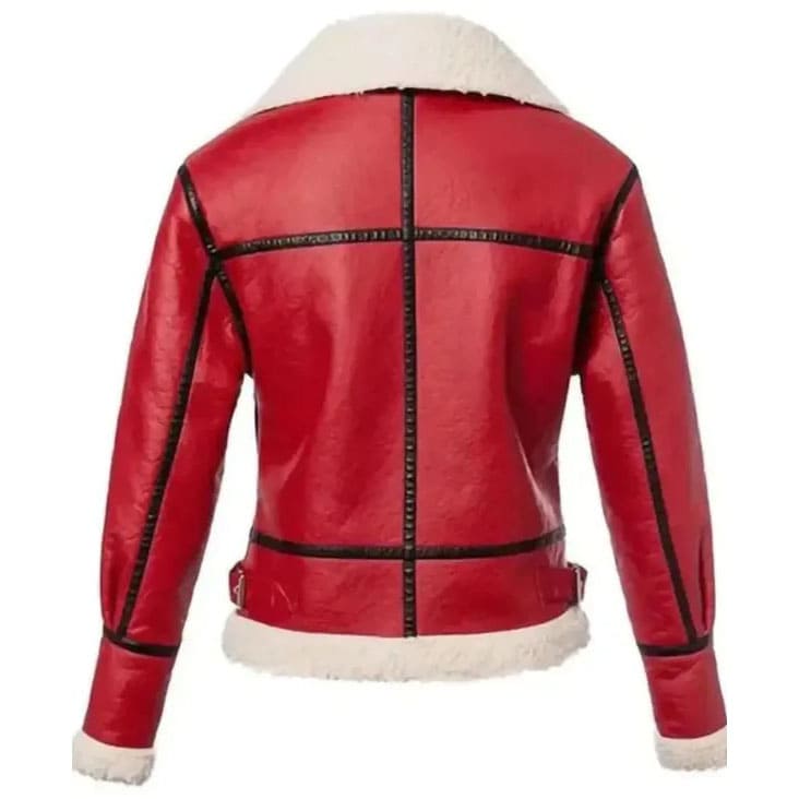 Veste en cuir de mouton retourné rouge pour femme - Style festif de Noël