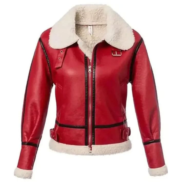 Veste en cuir de mouton retourné rouge pour femme - Style festif de Noël