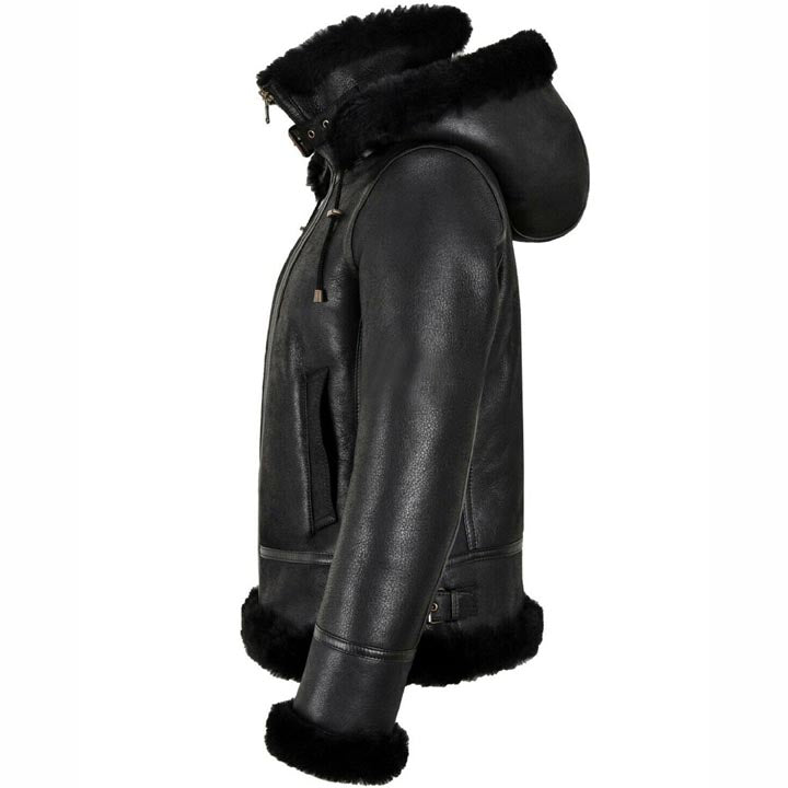 Blouson aviateur classique en peau de mouton avec capuche pour femme B3