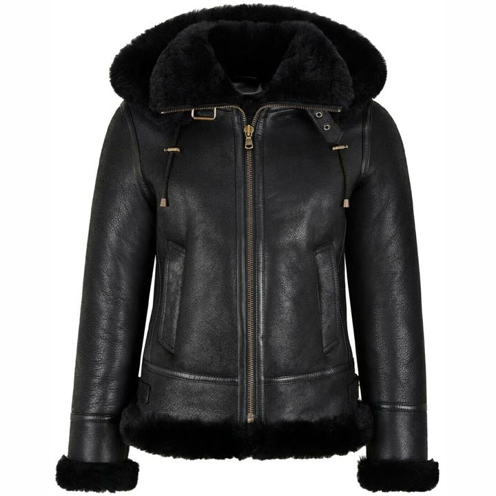 Blouson aviateur classique en peau de mouton avec capuche pour femme B3