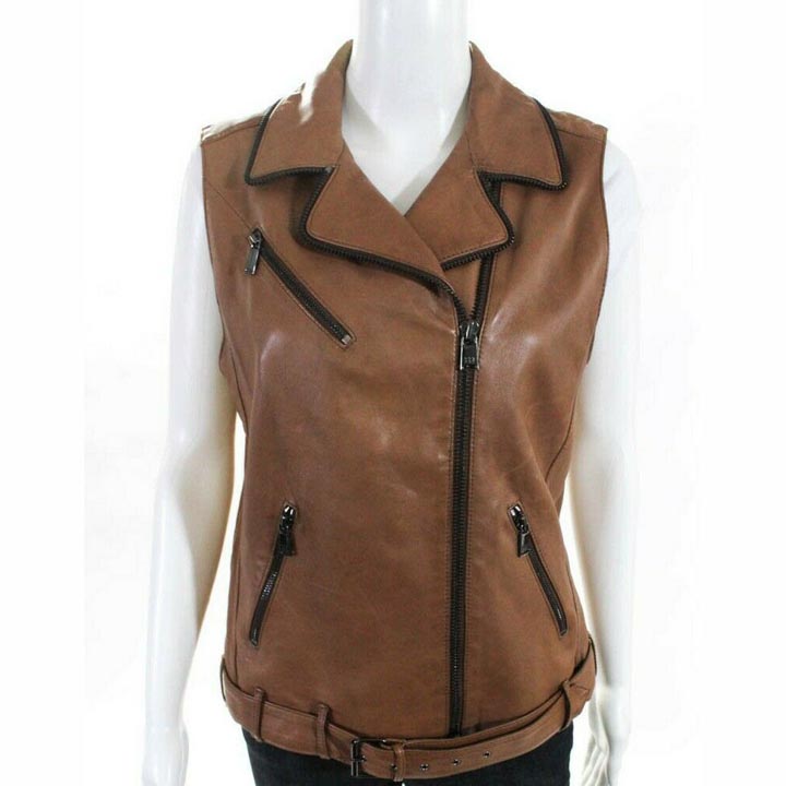 Gilet de moto en cuir d'agneau avec ceinture pour femme