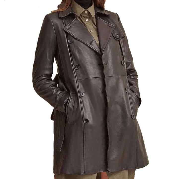 Trench-coat croisé en cuir noir pour femme avec ceinture