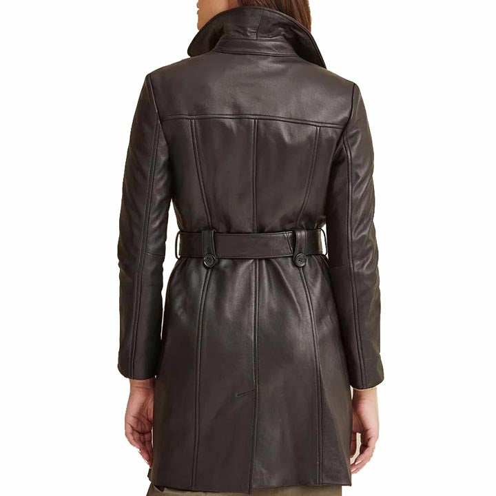 Trench-coat croisé en cuir noir pour femme avec ceinture