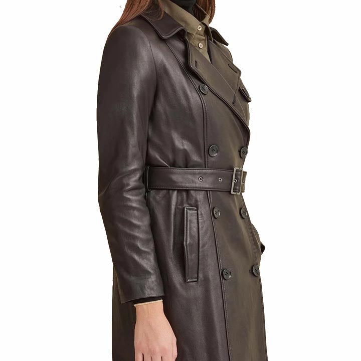 Trench-coat croisé en cuir noir pour femme avec ceinture