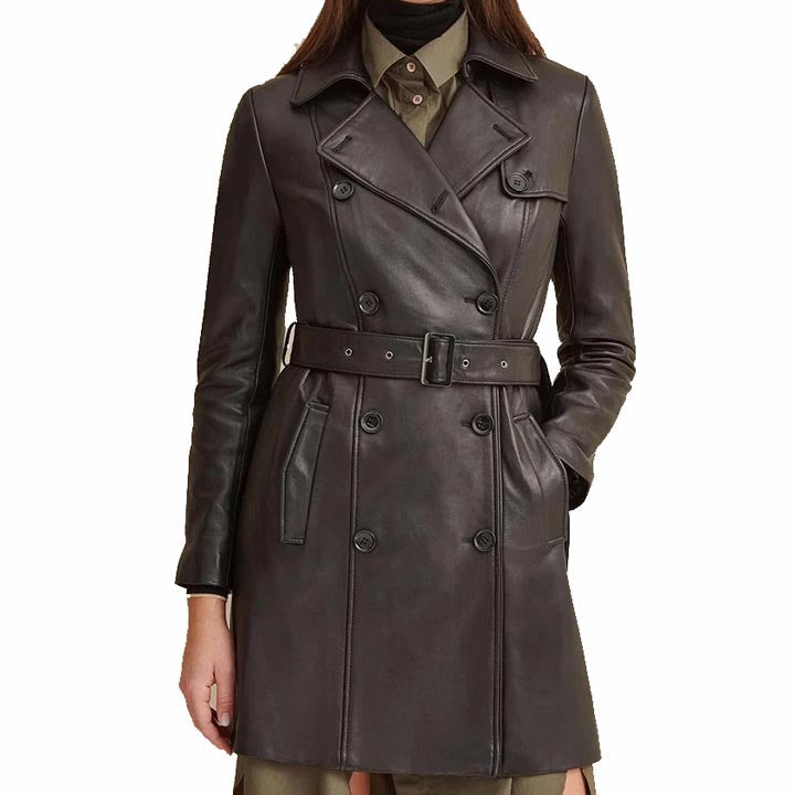 Trench-coat croisé en cuir noir pour femme avec ceinture