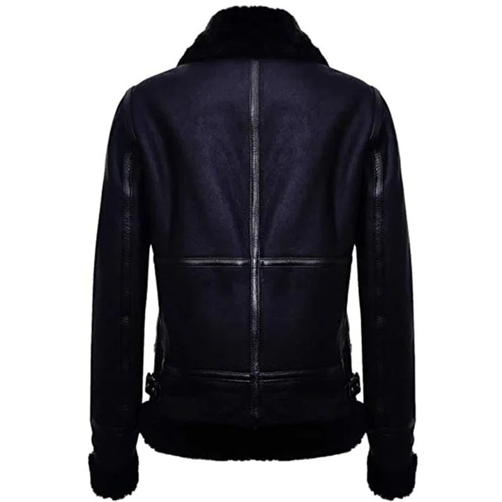 Women's Black Aviator Sheepskin Shearling Leather Biker Jacket