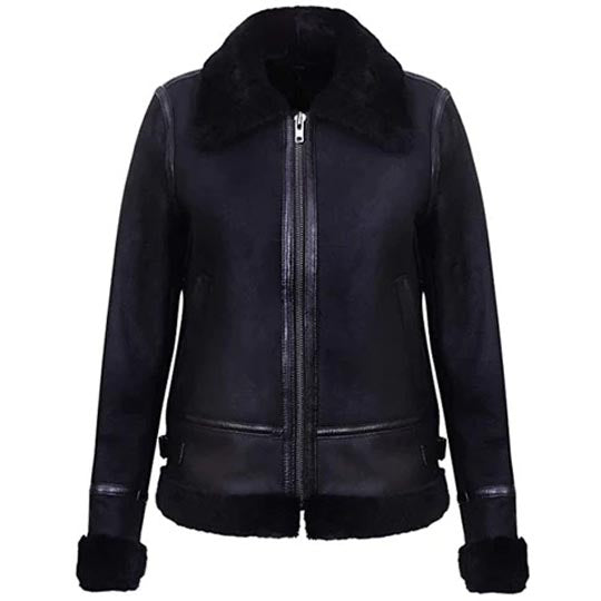 Women's Black Aviator Sheepskin Shearling Leather Biker Jacket