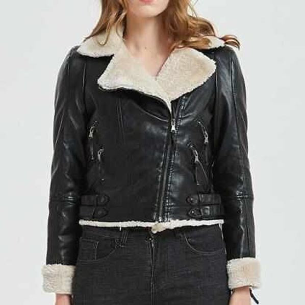 Blouson aviateur en cuir et peau de mouton noir B3 pour femme