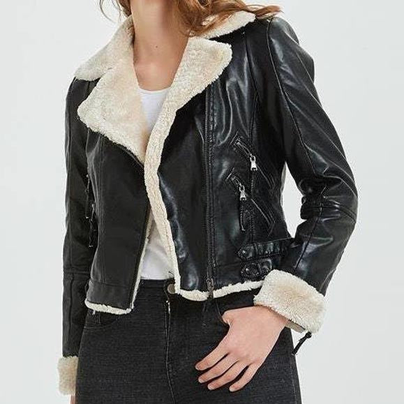 Blouson aviateur en cuir et peau de mouton noir B3 pour femme