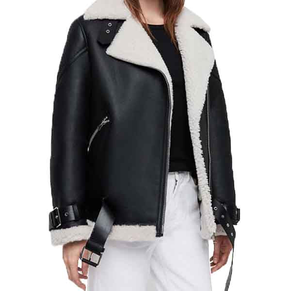 Veste motard en peau de mouton noire pour femme