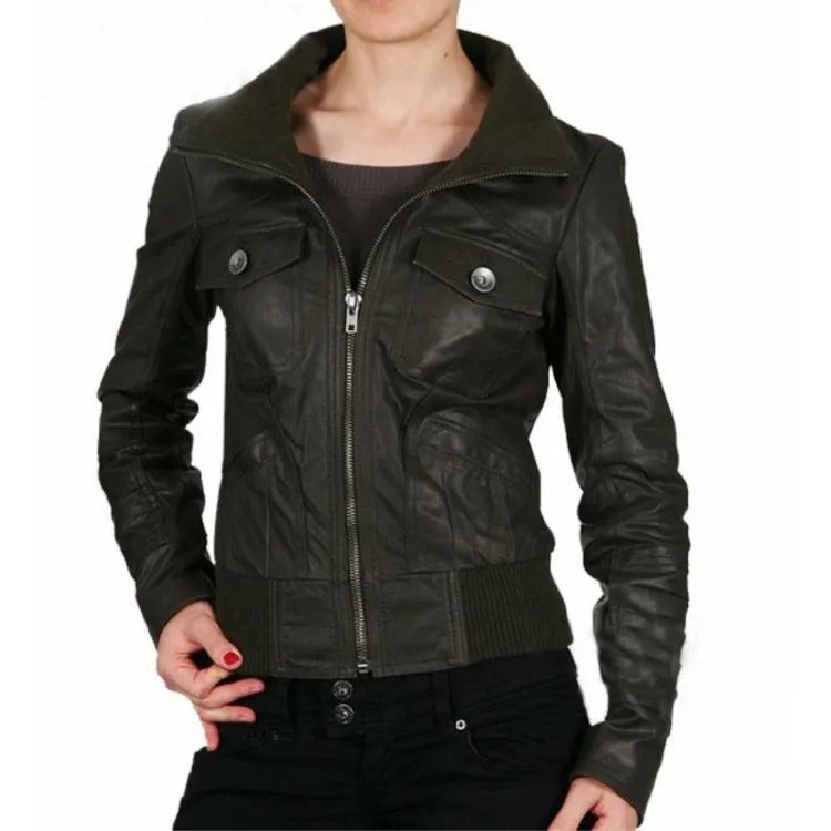 Blouson aviateur en cuir véritable noir pour femme