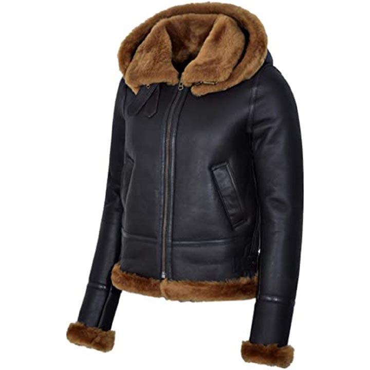 Women's Black Hooded Sheepskin Flying B3 Shearling Bomber Jacket