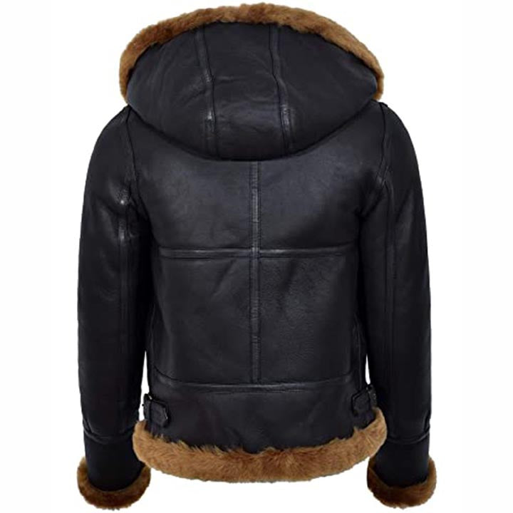 Women's Black Hooded Sheepskin Flying B3 Shearling Bomber Jacket