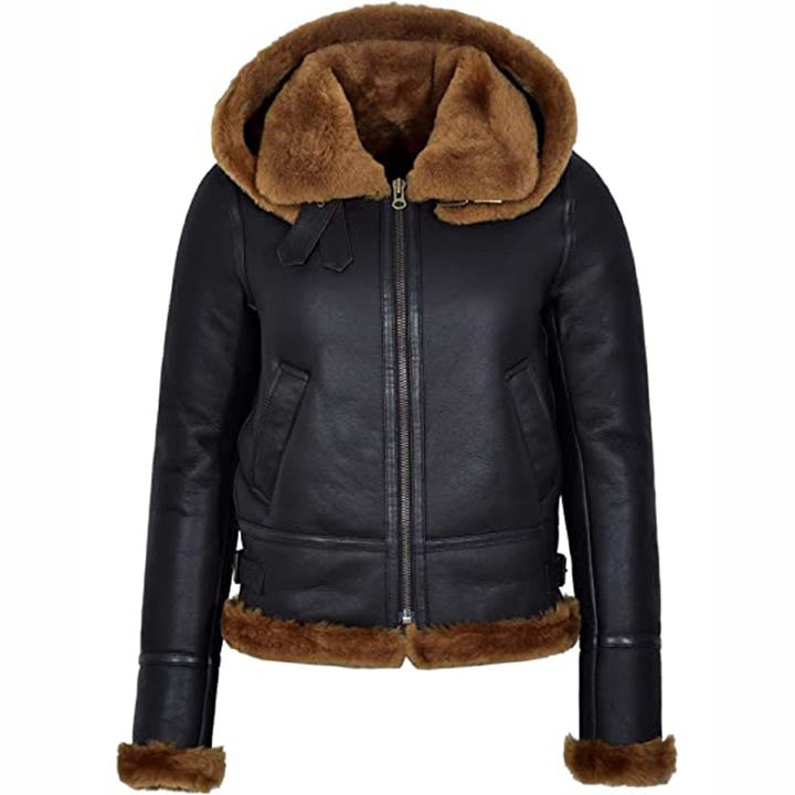 Women's Black Hooded Sheepskin Flying B3 Shearling Bomber Jacket