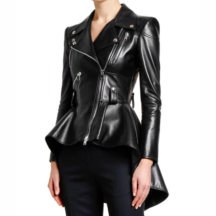 Manteau en cuir d'agneau noir pour femme