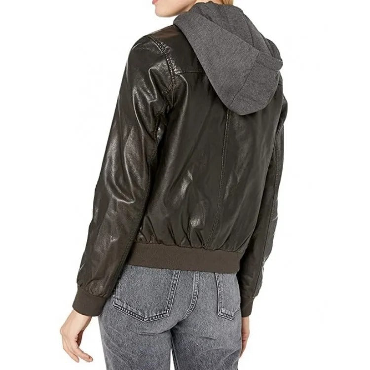 Blouson aviateur en cuir noir pour femme avec capuche