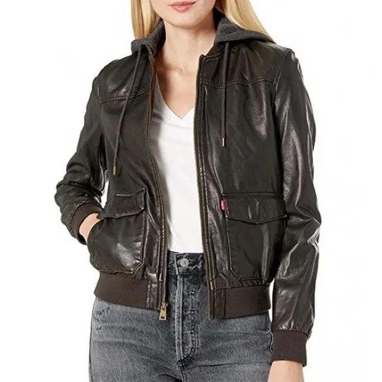 Blouson aviateur en cuir noir pour femme avec capuche