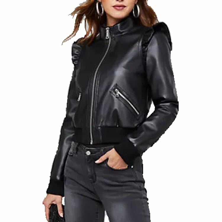 Blouson aviateur en cuir noir pour femme avec épaules à volants