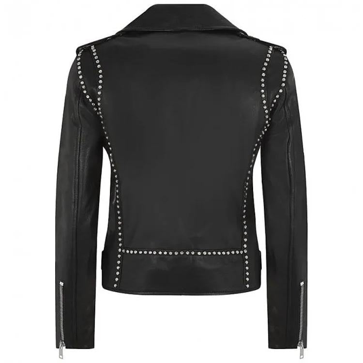 Veste de moto en cuir noir pour femme avec clous