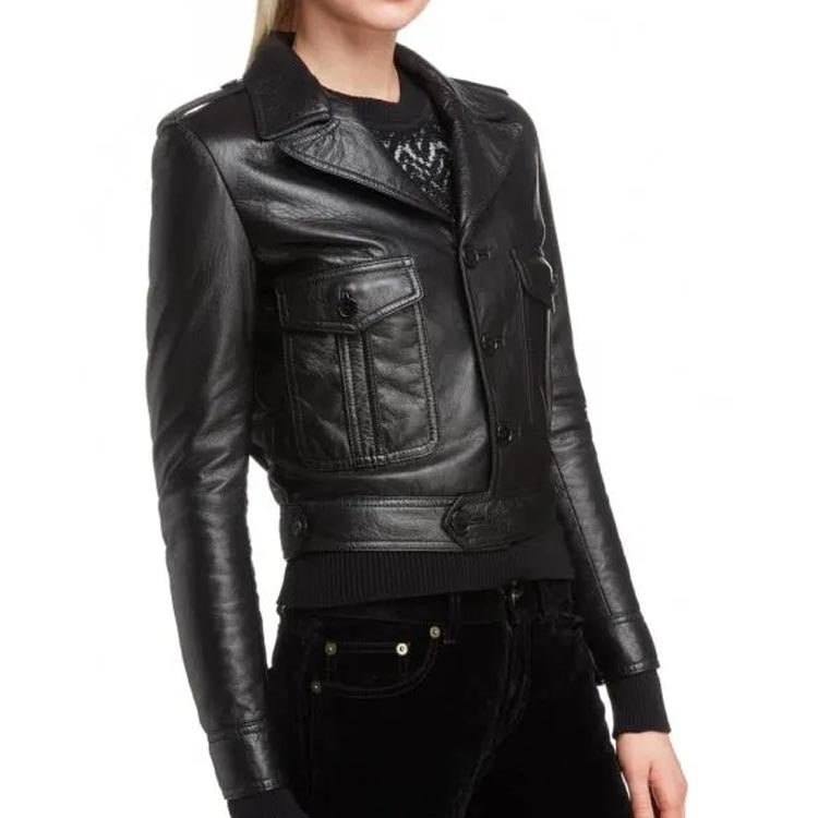 Veste de moto en cuir noir pour femme avec bouton sur le devant