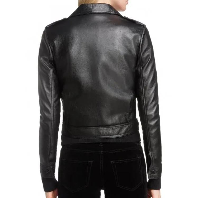 Veste de moto en cuir noir pour femme avec bouton sur le devant