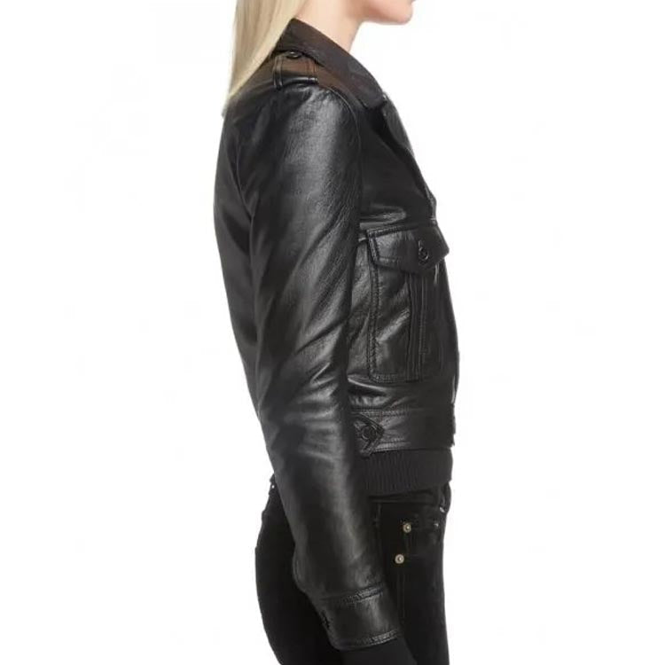 Veste de moto en cuir noir pour femme avec bouton sur le devant