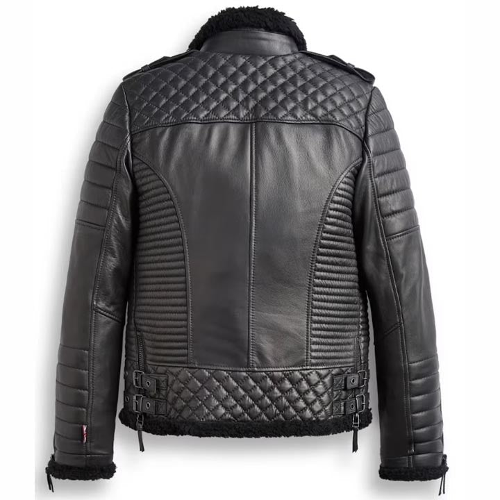 Veste motard en cuir et peau de mouton noire pour femme