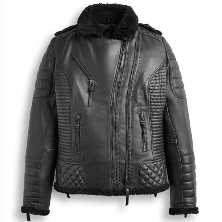 Veste motard en cuir et peau de mouton noire pour femme