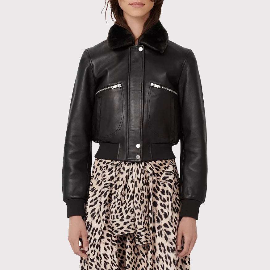 Veste élégante en cuir noir avec col en peau de mouton pour femme