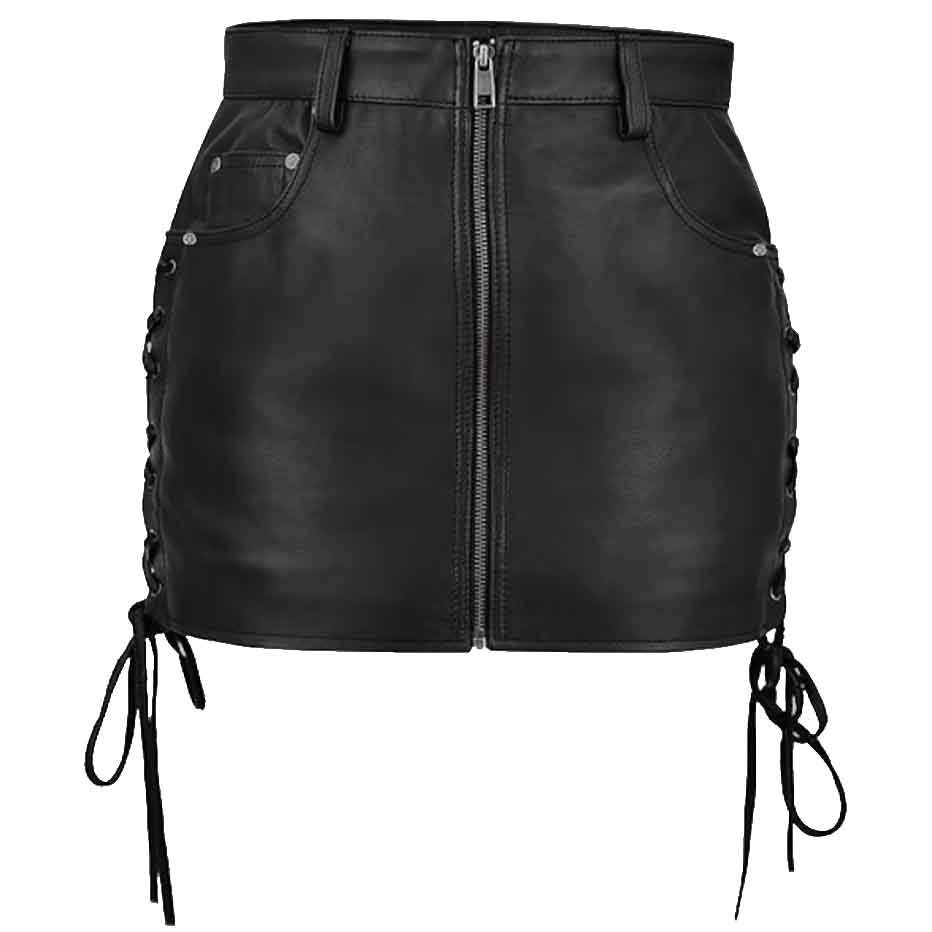 Jupe en cuir noir pour femme Jupe en cuir à lacets sur le côté