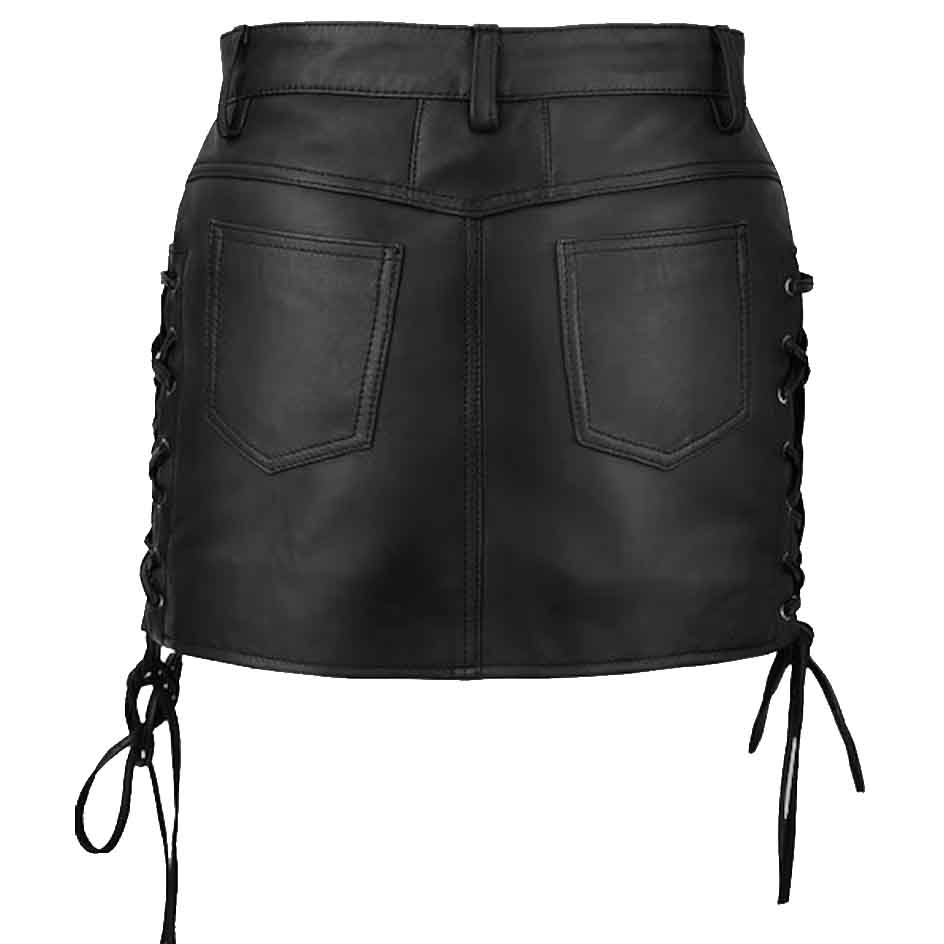 Jupe en cuir noir pour femme Jupe en cuir à lacets sur le côté