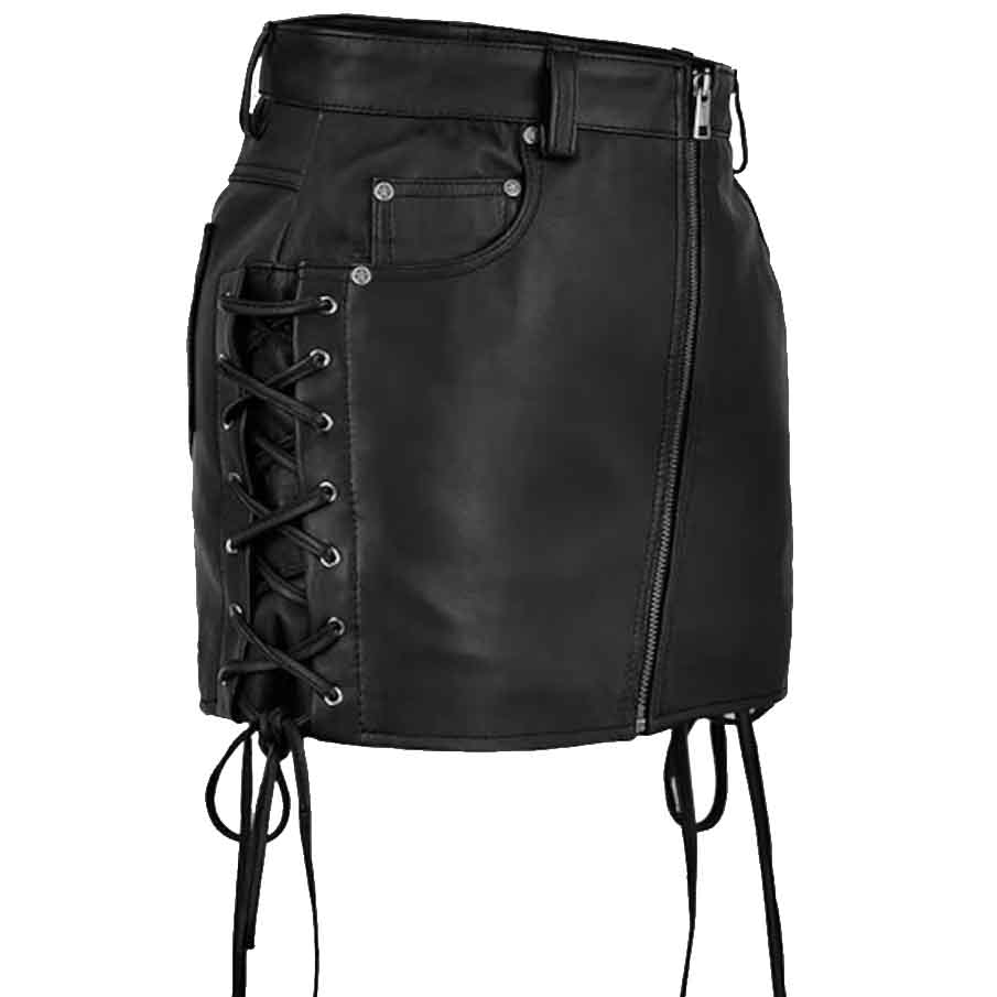 Jupe en cuir noir pour femme Jupe en cuir à lacets sur le côté