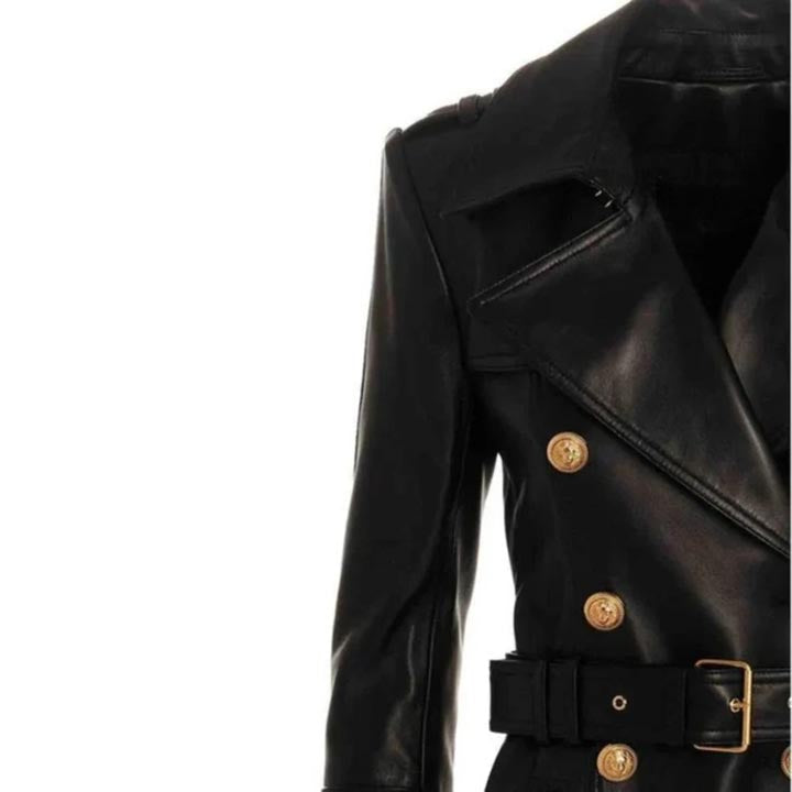 Trench-coat long en cuir noir pour femme