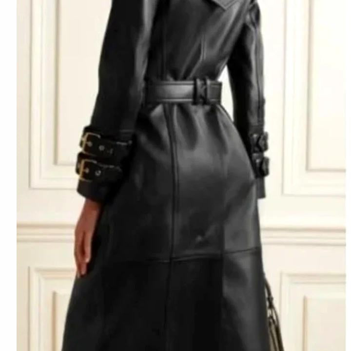 Trench-coat long en cuir noir pour femme