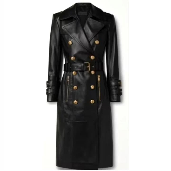 Trench-coat long en cuir noir pour femme