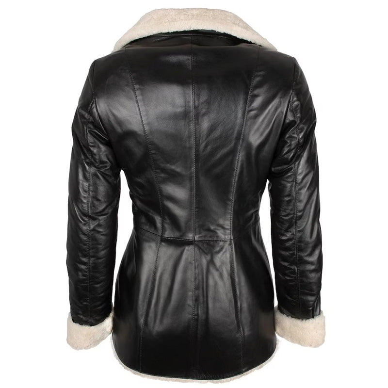 Manteau trench en cuir d'agneau noir pour femme