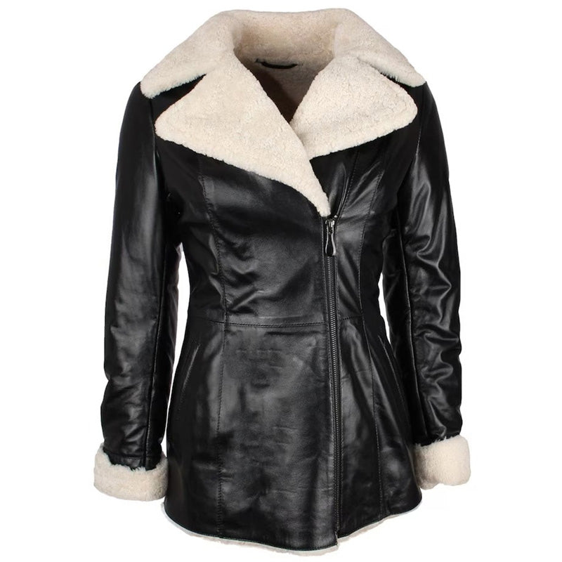 Manteau trench en cuir d'agneau noir pour femme