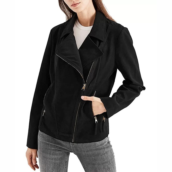 Veste en cuir suédé noir pour femme