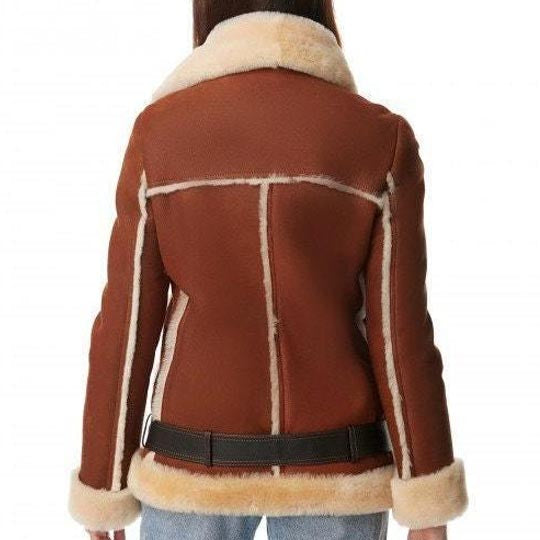 Veste en cuir et fourrure de mouton retournée marron B3 pour femme