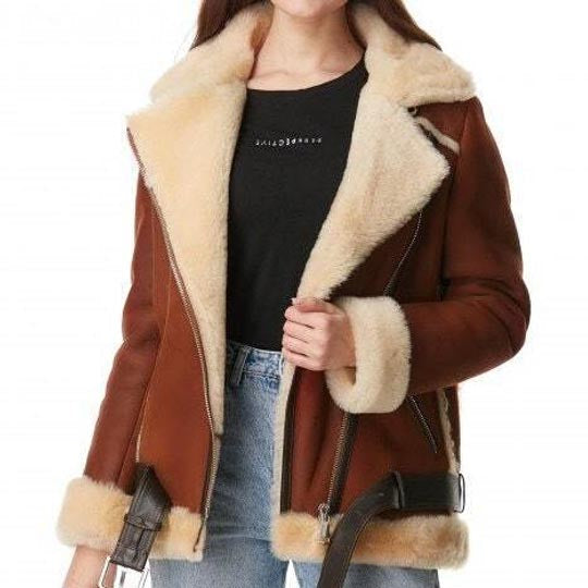 Veste en cuir et fourrure de mouton retournée marron B3 pour femme