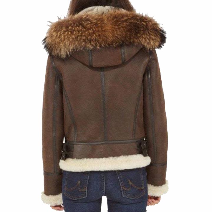 Blouson aviateur en peau de mouton retournée marron B3 pour femme avec capuche en fourrure de raton laveur