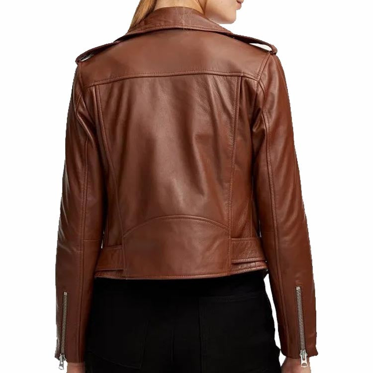 Veste motard en cuir marron pour femme