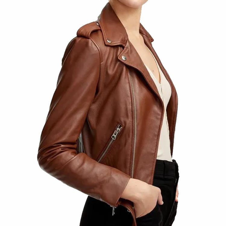 Veste motard en cuir marron pour femme