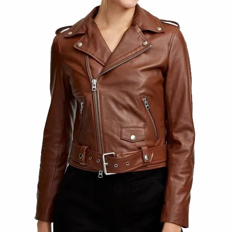 Veste motard en cuir marron pour femme