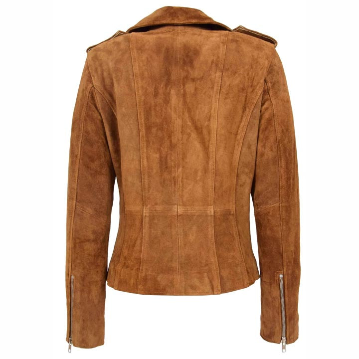 Veste motard en cuir suédé marron pour femme